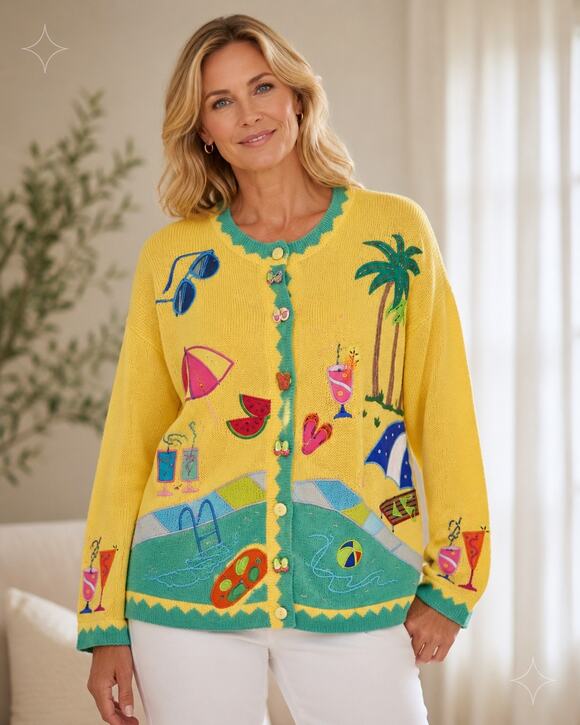 Quacker Factory Sweaters - Quacker Factory Cardigan L Beach‎ Vacation Embellished Coastal Grandma Vintage